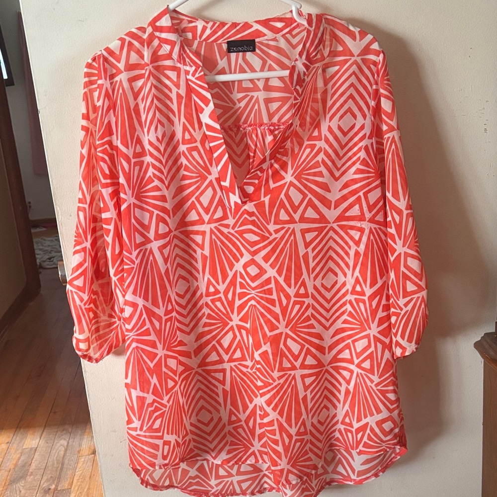 Zenobia Women's Orange Geometric Blouse